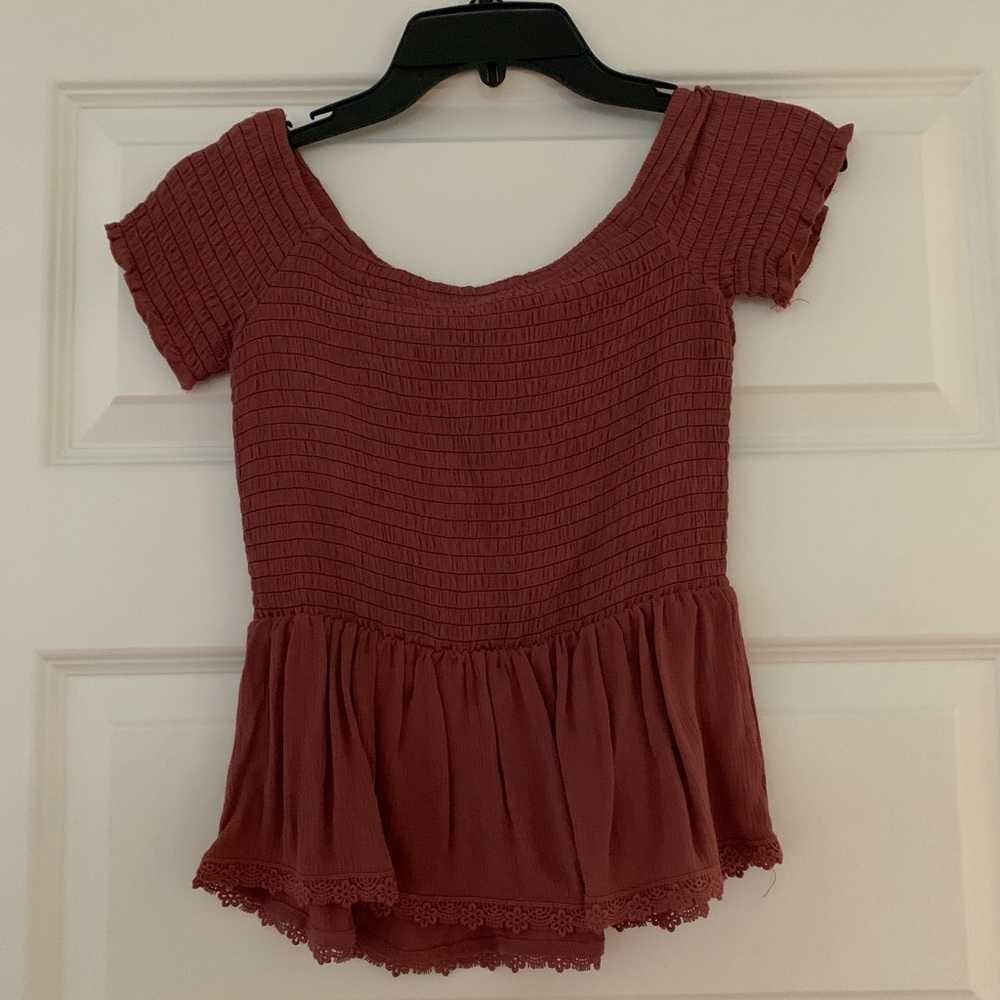 Smocked off shoulder peplum top crochet detail
